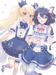 2girls ;d alternate_costume animal_ears aqua_eyes blonde_hair blue_bow blue_bowtie blue_hair blue_skirt blue_thighhighs bow bowtie bridal_garter brown_eyes cat_ears cat_girl cat_tail cyan_(show_by_rock!!) dog_tail drill_hair falling_petals feet_out_of_frame frilled_hairband frilled_shirt frilled_skirt frilled_sleeves frills glasses hairband highres locked_arms long_hair looking_at_viewer mel6969 multiple_girls one_eye_closed open_mouth petals pink_bow pink_bowtie puffy_short_sleeves puffy_sleeves retoree_(show_by_rock!!) shirt short_hair short_sleeves show_by_rock!! simple_background skirt smile sparkle suspender_skirt suspenders tail thighhighs twintails white_background white_hairband white_shirt wrist_cuffs