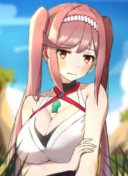 Rule 34 | 1girl, alternate hairstyle, bare shoulders, blurry, blurry background, blush, breasts, closed mouth, collarbone, commentary request, core crystal (xenoblade), glimmer (xenoblade), highres, kanuici336, large breasts, long hair, looking at viewer, orange eyes, outdoors, red hair, sidelocks, solo, twintails, xenoblade chronicles (series), xenoblade chronicles 3, xenoblade chronicles 3: future redeemed