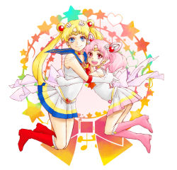 Rule 34 | 2girls, :d, bishoujo senshi sailor moon, blonde hair, blue eyes, blue sailor collar, boots, bow, brooch, chibi usa, choker, circle, cone hair bun, double bun, elbow gloves, full body, gloves, hair bun, hair ornament, hairclip, hasakichi, heart, heart brooch, hug, jewelry, knee boots, long hair, looking at viewer, magical girl, mother and daughter, multicolored clothes, multicolored skirt, multiple girls, musical note, open mouth, pink eyes, pink footwear, pink hair, pleated skirt, red footwear, sailor chibi moon, sailor collar, sailor moon, sailor senshi, skirt, smile, star (symbol), super sailor chibi moon, super sailor moon, tsukino usagi, twintails, white gloves