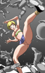Rule 34 | 1girl, 6+others, anus, bare arms, blonde hair, breasts, censored, clothes pull, dragon ball, dragonball z, earrings, erasa (dragon ball), functionally nude, green shirt, green tube top, highres, jewelry, medium breasts, midriff, miniskirt, multiple others, no bra, no panties, pussy, roundhouse kick, shirt, shoes, short hair, skirt, smile, sneakers, strapless, sweat, takimoto dojo, tube top, tube top pull, underwear, upskirt