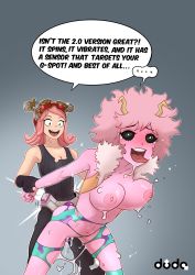 Rule 34 | 10s, 2girls, absurdres, ashido mina, bare arms, bent over, black sclera, boku no hero academia, breasts, clothed sex, collarbone, colored sclera, colored skin, dildo, dude-doodle, english text, female focus, fingerless gloves, gloves, hatsume mei, highres, holding another&#039;s wrist, horns, leaning forward, legs apart, medium breasts, multiple girls, nipples, open mouth, pink hair, purple skin, pussy juice, sex, sex from behind, sex toy, shiny skin, smile, standing, standing sex, strap-on, tank top, topless, yellow eyes, yuri