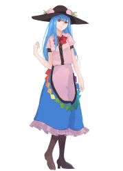 Rule 34 | 1girl, black headwear, blue hair, blue skirt, bow, bowtie, closed mouth, collared shirt, commentary, food, frilled skirt, frills, fruit, full body, high heels, highres, hinanawi tenshi, leaf, long hair, looking at viewer, one-hour drawing challenge, peach, rainbow order, red bow, red bowtie, red eyes, shirt, short sleeves, simple background, skirt, solo, standing, tohoyuukarin, touhou, white background