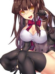Rule 34 | 1girl, :d, ara haan, ara han, between legs, black hair, black thighhighs, blush, bow, bowtie, breasts, brown hair, cleavage, collarbone, corset, cropped jacket, elsword, eyelashes, fi-san, groin, hand between legs, head tilt, highleg, highleg leotard, highres, large breasts, leotard, long hair, long sleeves, looking at viewer, open mouth, red bow, red bowtie, sitting, smile, solo, thighhighs, transparent background, yellow eyes
