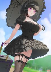 1girl absurdres black_bow black_choker black_dress black_hair black_thighhighs blue_sky blunt_bangs blush bow breasts choker cleavage cloud collarbone day dress frilled_sleeves frills highres holding holding_umbrella large_breasts layered_dress lolita_fashion looking_at_viewer original outdoors parasol parted_lips pink_eyes puffy_short_sleeves puffy_sleeves rolling_suitcase rushian short_hair short_sleeves sky smile solo suitcase thigh_strap thighhighs umbrella underbust