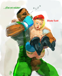 Rule 34 | 1boy, 1girl, anal, blonde hair, blue eyes, boots, braid, breasts, cammy white, capcom, carrying, clothed male nude female, clothed sex, dudley, freckles, held up, hetero, kenno arkkan, nipples, nude, penis, pussy, reverse suspended congress, sex, sex from behind, sketch, street fighter, tea, text focus, uncensored