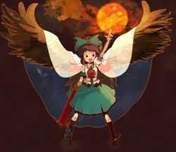 Rule 34 | 1girl, arm cannon, bow, brown hair, cape, female focus, highres, long hair, md5 mismatch, red eyes, reiuji utsuho, solo, tcmk, touhou, weapon, wings
