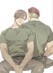 Rule 34 | 2boys, bad source, blonde hair, closed mouth, facing away, green shirt, highres, jack krauser, leaning back, leaning on person, leon s. kennedy, male focus, manspreading, multiple boys, red beret, resident evil, shirt, tatsumi (psmhbpiuczn), uniform