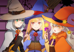 Rule 34 | 3girls, basket, beige headwear, belt, black background, blonde hair, blue headwear, bow, braid, broom, brown belt, buttons, cape, closed mouth, commentary request, corset, fate (series), flower, gray (fate), green eyes, grey cape, grey hair, hair ornament, halloween, hat, holding, holding wand, hood, hooded cape, long hair, long sleeves, looking at viewer, lord el-melloi ii case files, multiple girls, olga marie animusphere, open mouth, orange headwear, pink background, red flower, red rose, reines el-melloi archisorte, rose, satou usuzuku, short hair, smile, teeth, two-tone background, upper body, upper teeth only, wand, witch hat, yellow eyes