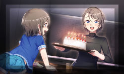 Rule 34 | 2girls, :d, birthday cake, black shirt, blue eyes, blue shirt, blue shorts, border, cake, cup, drinking glass, drinking straw, food, grey hair, highres, holding, holding tray, indoors, jewelry, long sleeves, looking at another, love live!, love live! sunshine!!, macaron, mother and daughter, multiple girls, necklace, open mouth, otsumami (otsu-mugi), round teeth, shirt, short hair, short sleeves, shorts, smile, table, teeth, tray, turtleneck, upper teeth only, watanabe you, watanabe you&#039;s mother, aged down