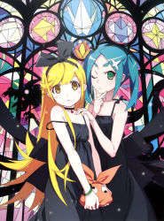 Rule 34 | 2girls, :&lt;, absurdres, black dress, blonde hair, blue hair, blush stickers, bracelet, choker, cleaned, dress, eyebrows, flat chest, green eyes, hair ornament, hairband, hand on another&#039;s shoulder, highres, jewelry, long hair, looking at viewer, monogatari (series), multiple girls, official art, ononoki yotsugi, oshino shinobu, parted bangs, parted lips, scan, stained glass, strap slip, swept bangs, twintails, very long hair, watanabe akio, yellow eyes