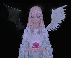 Rule 34 | 1other, absurdres, angel and devil, angel wings, asymmetrical wings, black background, blonde hair, change of heart, commentary, commission, demon wings, duel monster, gavll, heart, highres, long hair, looking at viewer, mismatched wings, simple background, solo, wings, yu-gi-oh!