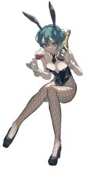 Rule 34 | 1girl, absurdres, alcohol, alternate costume, alternate hairstyle, animal ears, black footwear, black leotard, blue eyes, bottle, breasts, commentary request, cup, detached collar, double bun, drinking glass, fake animal ears, fishnet pantyhose, fishnets, full body, hair between eyes, hair bun, hatsune miku, highres, holding, holding bottle, holding cup, invisible chair, leotard, looking at viewer, pantyhose, playboy bunny, rabbit ears, simple background, sitting, small breasts, smile, solo, tachibana wataru (123tsuki), vocaloid, white background, wine, wine bottle, wine glass, wrist cuffs