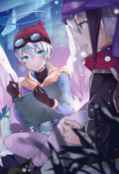 Rule 34 | 2boys, angel, angel wings, aqua eyes, aqua hair, aurora, beanie, blush, coat, drawing board, feathered wings, from side, fur trim, gloves, goggles, hair between eyes, halo, hat, hero (merc storia), looking at another, male focus, merc storia, multiple boys, open mouth, orthos, pants, pom pom (clothes), scarf, shoes, sitting, smile, snow, snowing, white hair, white wings, wings, yufou