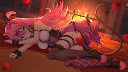 Rule 34 | 1girl, absurdres, bad id, bad pixiv id, black panties, blue eyes, breasts, commentary request, demon girl, demon horns, demon tail, fingernails, fireplace, headphones, headphones around neck, highres, hololive, horns, huge filesize, large breasts, long hair, looking at viewer, lying, mano aloe, on side, panties, petals, pink hair, shoes, sleeveless, smile, solo, tail, thighhighs, tihoro1609, underwear, virtual youtuber