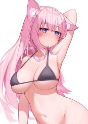 Rule 34 | 1girl, animal ear fluff, animal ears, arm behind head, armpits, bikini, bikini top only, black bikini, blush, bottomless, braid, breasts, cleavage, closed mouth, commentary, coyote girl, deaver, groin, hair tie, hakui koyori, highres, hololive, large breasts, long bangs, long hair, looking at viewer, navel, pink hair, purple eyes, raised eyebrows, simple background, single braid, skindentation, solo, steaming body, stomach, sweat, swimsuit, underboob, virtual youtuber, white background