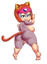 Rule 34 | 1990s (style), 1girl, animal ears, animal helmet, anus, ass, blue eyes, blush, cat ears, cat tail, cyborg, eyelashes, fang, from behind, furry, furry female, greyimpaction, helmet, highres, kyatto ninden teyandee, looking at viewer, looking back, pink skirt, presenting, pururun (kyatto ninden teyandee), pussy, retro artstyle, skin tight, skirt, solo, tail, uncensored