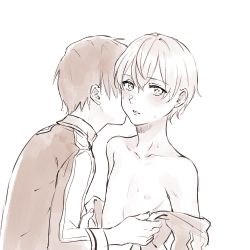 Rule 34 | 2boys, absurdres, blush, bomhat, collarbone, commentary, eugeo, greyscale, highres, jacket, kirito, kiss, kissing cheek, long sleeves, looking at viewer, male focus, monochrome, multiple boys, nipples, off shoulder, panties, sepia, unworn shirt, short hair, simple background, sweat, sword art online, topless male, underwear, undressing another, upper body, very short hair, white background, yaoi