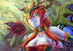 Rule 34 | 1girl, bare shoulders, blonde hair, blue skin, breasts, butterfly wings, cleavage, colored skin, elbow gloves, forest, fur trim, gloves, grin, hera-beorc (p&amp;d), hera (p&amp;d), highres, hooh lin, insect wings, multicolored hair, nature, pointy ears, puzzle &amp; dragons, red hair, smile, solo, wings, yellow eyes
