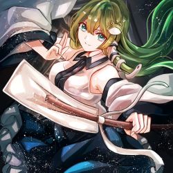 Rule 34 | &gt;:), 1girl, bad id, bad twitter id, bare shoulders, blue skirt, breasts, commentary request, detached sleeves, floating hair, frog hair ornament, green eyes, green hair, hair between eyes, hair ornament, hair tubes, holding, jan (lightdragoon), kochiya sanae, light particles, long hair, long sleeves, looking at viewer, medium breasts, petticoat, skirt, smile, snake hair ornament, solo, split mouth, touhou, v-shaped eyebrows, wide sleeves