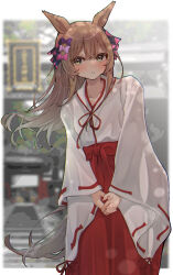 Rule 34 | 1girl, :o, absurdres, animal ears, blush, bow, brown hair, day, green eyes, hair bow, hakama, highres, horse ears, horse girl, horse tail, japanese clothes, kimono, long hair, long sleeves, miko, outdoors, outside border, parted lips, pink bow, purple bow, red hakama, red ribbon, ribbon, ribbon-trimmed sleeves, ribbon trim, satesate4, smart falcon (umamusume), solo, tail, umamusume, white kimono, wide sleeves