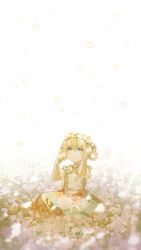 Rule 34 | 1girl, absurdres, athanasia de alger obelia, bare arms, blonde hair, blue eyes, blurry, braid, child, day, depth of field, dress, eoneu nal gongjuga doeeobeoryeotda, field, floral print, flower, flower field, flower wreath, hair rings, hands up, head wreath, highres, light particles, looking away, looking up, nature, off-shoulder dress, off shoulder, petals, puffy short sleeves, puffy sleeves, short sleeves, sitting, solo, twin braids, white background, white flower, xuanqing0726