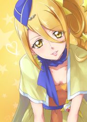 Rule 34 | 1girl, blonde hair, blue hat, breasts, capelet, chocokin, cleavage, cure etoile, earrings, hair between eyes, hair ornament, hat, head tilt, hug, hugtto! precure, jewelry, kagayaki homare, leaning forward, long hair, looking at viewer, parted lips, precure, side ponytail, small breasts, smile, solo, star (symbol), star earrings, starry background, yellow background, yellow capelet, yellow eyes