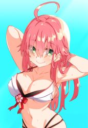 Rule 34 | 1girl, ahoge, armpits, arms up, bikini, breasts, cleavage, collarbone, dodome-iro mayonnaise, eyes visible through hair, green eyes, hololive, large breasts, long hair, looking at viewer, navel, pink hair, sakura miko, smile, solo, swimsuit, virtual youtuber, wet, wet hair