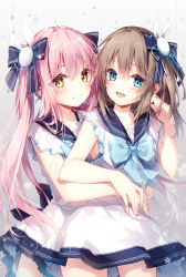 Rule 34 | 2girls, :d, blue bow, blue eyes, blue sailor collar, blurry, blurry background, blush, bow, brown eyes, brown hair, closed mouth, collarbone, commentary request, depth of field, dress, hair between eyes, hair bow, hair ornament, highres, hug, hug from behind, long hair, mochizuki shiina, multiple girls, open mouth, original, pink hair, rabbit hair ornament, sailor collar, sailor dress, sidelocks, sleeveless, sleeveless dress, smile, striped, striped bow, twintails, very long hair, white dress