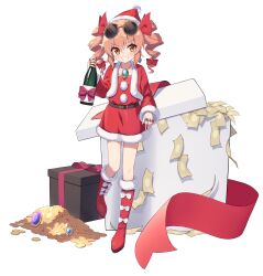 Rule 34 | 1girl, absurdres, bangle, belt, black belt, blush, boots, bottle, bow, box, bracelet, drill hair, earrings, footwear bow, fur-trimmed boots, fur trim, gift, gift box, grin, hat, highres, hiyaya (kochi michikaze), holding, holding bottle, jewelry, long hair, looking at viewer, orange hair, pom pom (clothes), red footwear, red hat, ring, santa costume, santa hat, smile, solo, touhou, transparent background, twin drills, twintails, white bow, yellow eyes, yorigami jo&#039;on