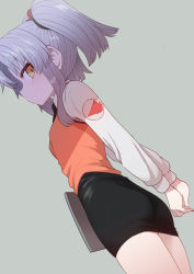 Rule 34 | 1girl, ass, black skirt, closed mouth, commentary request, dutch angle, from side, grey background, grey hair, highres, hoshino ruri, kidou senkan nadesico, long sleeves, looking at viewer, looking to the side, medium hair, orange eyes, orange vest, pencil skirt, shirt, simple background, skirt, solo, stretching, sumiyao (amam), twintails, vest, white shirt