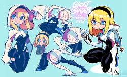Rule 34 | 1girl, :&gt;, absurdres, backpack, bag, black bodysuit, blonde hair, blue eyes, blush stickers, bodysuit, breasts, closed mouth, covered face, fighting stance, green jacket, gwen stacy, hairband, halftone, highres, holding, holding phone, hood, hood up, hooded bodysuit, hooded jacket, jacket, looking at viewer, marvel, mask, medium hair, multiple views, narrow waist, phone, rariatto (ganguri), running, small breasts, smile, spider-gwen, spider-man (series), squatting, thigh gap