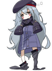Rule 34 | 1girl, absurdres, bags under eyes, beret, blush stickers, brown eyes, cosplay, creamyghost, g11 (girls&#039; frontline), girls&#039; frontline, grey hair, hair between eyes, hat, highres, hk416 (girls&#039; frontline), hk416 (girls&#039; frontline) (cosplay), jacket, long hair, long sleeves, loose thighhigh, messy hair, oversized clothes, sleeves past wrists, solo, thighhighs, very long hair, white background