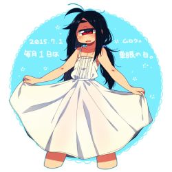 Rule 34 | 1girl, :d, ahoge, bare arms, black hair, blue background, blue outline, blush, cropped legs, cyclops, dated, dress, highres, long hair, looking at viewer, low twintails, muku-chan (muroku), muroku (aimichiyo0526), one-eyed, open mouth, original, outline, signature, skirt hold, smile, solo, spaghetti strap, standing, sundress, translated, twintails, white dress, x x
