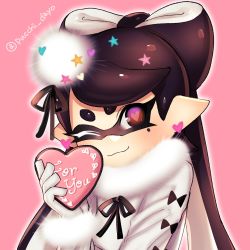 Rule 34 | 1girl, black hair, blush, callie (splatoon), closed mouth, earrings, english text, gift, gloves, heart, heart-shaped pupils, highres, holding, inkling, jewelry, long hair, long sleeves, looking at viewer, mole, mole under eye, nintendo, one eye closed, pink background, pointy ears, portrait, puchiman, shirt, simple background, smile, solo, splatoon (series), splatoon 1, star (symbol), symbol-shaped pupils, tentacle hair, twitter username, valentine, white gloves, white shirt
