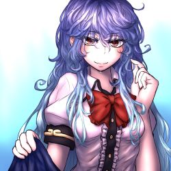 Rule 34 | 1girl, blue hair, bow, gradient background, highres, hinanawi tenshi, long hair, looking at viewer, messy hair, miata (miata8674), playing with own hair, puffy short sleeves, puffy sleeves, red eyes, shirt, short sleeves, smile, solo, touhou, very long hair, wet, wet hair