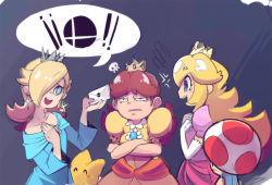 Rule 34 | 3girls, ^ ^, anger vein, annoyed, blonde hair, blue dress, blue eyes, blush stickers, brown hair, closed eyes, collarbone, crossed arms, crown, dress, earrings, elbow gloves, female focus, frown, gloves, hair over one eye, jewelry, letter, long hair, luma (mario), mario (series), mini crown, multiple girls, nintendo, open mouth, pink dress, princess daisy, princess peach, puffy short sleeves, puffy sleeves, rosalina, sho-n-d, short hair, short sleeves, smash invitation, smile, star (symbol), star earrings, super mario bros. 1, super mario galaxy, super mario land, super smash bros., toad (mario), troll face, yellow dress