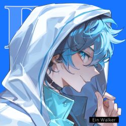 Rule 34 | 1boy, black choker, blue background, blue eyes, blue hair, blue theme, character name, chinese commentary, choker, closed mouth, from side, hood, hood up, hooded jacket, jacket, looking at viewer, male focus, original, short hair, simple background, smole, solo, white jacket, yusa (yusa0751)