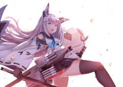 Rule 34 | 1girl, absurdres, animal ears, armpits, azur lane, black thighhighs, blue eyes, breasts, detached sleeves, dog ears, fox ears, gloves, glowing, glowing eye, highres, katana, kawakaze (azur lane), long hair, looking at viewer, medium breasts, mirufuaa, open mouth, petals, silver hair, simple background, solo, sword, thighhighs, thighs, torpedo tubes, weapon, white background