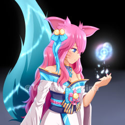 Rule 34 | 1girl, ahri (league of legends), bare shoulders, bell, blue eyes, blue tail, breasts, choker, cleavage, facial mark, hair bell, hair ornament, highres, japanese clothes, kimono, kyuubi, league of legends, long hair, medium breasts, multiple tails, nail polish, pink hair, pink nails, ribbon, solo, spirit blossom ahri, tail, verdana medina, whisker markings