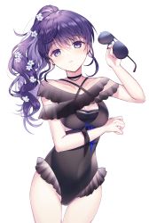 Rule 34 | 1girl, absurdres, asahina mafuyu, bare shoulders, black choker, black one-piece swimsuit, blue eyes, breasts, choker, cleavage, collarbone, commentary request, criss-cross halter, unworn eyewear, flower, groin, hair flower, hair ornament, halterneck, hand up, head tilt, highres, holding, holding removed eyewear, long hair, medium breasts, one-piece swimsuit, paraffin, parted lips, ponytail, project sekai, purple hair, see-through, simple background, solo, sunglasses, swimsuit, white background, white flower
