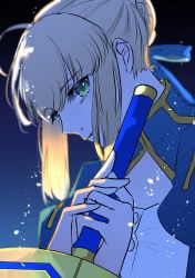 Rule 34 | 1girl, ahoge, artoria pendragon (all), artoria pendragon (fate), blonde hair, blue background, blue ribbon, braid, crown braid, dress, fate/stay night, fate (series), french braid, from side, gradient background, green eyes, highres, ribbon, roku (ntbr fate), saber (fate), solo, sword, weapon
