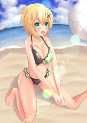 Rule 34 | 1girl, absurdres, akatsuki kirika, beach, beach volleyball, bikini, blonde hair, blue sky, breasts, cleavage, cloud, commentary request, day, fisheye, green eyes, hair between eyes, hair ornament, hairclip, highres, horizon, large breasts, lens flare, looking up, motion blur, open mouth, outdoors, outstretched arms, partial commentary, patterned clothing, sand, senki zesshou symphogear, shore, short hair, sky, spread legs, sweat, swimsuit, tsubame-w