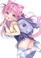 Rule 34 | 1girl, :d, ahoge, animal ear fluff, animal ears, blue hair, blush, braid, cat ears, cat girl, cat tail, fang, full body, gau (n00 shi), highres, hololive, long hair, looking at viewer, minato aqua, multicolored hair, no shoes, open mouth, pink eyes, pink hair, shirt, skin fang, smile, solo, standing, streaked hair, striped clothes, striped thighhighs, tail, thighhighs, virtual youtuber, white background, yellow shirt