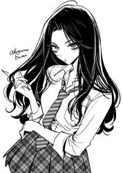 Rule 34 | 1girl, akiyama enma, collared shirt, copyright request, dress shirt, greyscale, twirling hair, hand in own hair, long hair, looking at viewer, monochrome, nail polish, necktie, parted bangs, parted lips, plaid, plaid skirt, playing with own hair, pleated skirt, pointing, school uniform, screentones, shirt, skirt, solo