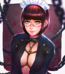 Rule 34 | 1girl, arms at sides, artist name, bdsm, blunt bangs, bob cut, bondage, bound, bow, bowtie, breast bondage, brown hair, chain, condom, condom in mouth, earrings, glasses, green eyes, jewelry, lips, looking at viewer, maid cap, maid headdress, mouth hold, neoartcore, open clothes, open shirt, pink-framed eyewear, rope, semi-rimless eyewear, shibari, shibari under clothes, shirt, short hair, smile, solo, star-shaped pupils, star (symbol), symbol-shaped pupils, under-rim eyewear, upper body