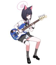 Rule 34 | 1girl, animal ears, artpatient, bass guitar, belt, black cardigan, black hair, blue archive, bracelet, cardigan, cardigan around waist, cat ears, clothes around waist, colored inner hair, commentary, fender precision bass, full body, grey socks, halo, highres, instrument, invisible chair, jewelry, kazusa (band) (blue archive), kazusa (blue archive), kneehighs, logo, miniskirt, multicolored hair, official alternate costume, pink hair, playing bass, pleated skirt, ring, shirt, short hair, short sleeves, simple background, sitting, skirt, socks, solo, thigh belt, thigh strap, two-tone hair, white background, white shirt, white skirt