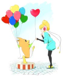 Rule 34 | 10s, 1girl, adelie (space dandy), balloon, black legwear, blonde hair, blush, child, eye contact, from side, green eyes, heart, leaning forward, looking at another, outdoors, profile, space dandy, standing, stuffed animal, stuffed penguin, stuffed toy