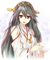 Rule 34 | 10s, 1girl, bad id, bad twitter id, bare shoulders, black hair, brown eyes, cup, detached sleeves, hairband, haruna (kancolle), japanese clothes, kantai collection, kawata hisashi, long hair, looking at viewer, nontraditional miko, open mouth, plate, ribbon-trimmed sleeves, ribbon trim, smile, solo, teacup