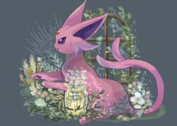 Rule 34 | animal focus, bottle, commentary, creatures (company), espeon, flower, forehead jewel, full body, game freak, gen 2 pokemon, grey background, highres, nintendo, no humans, open mouth, pawpads, pokemon, pokemon (creature), purple eyes, sitting, solo, symbol-only commentary, volpecorvo, wheat, white flower, window