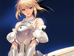 Rule 34 | 1girl, armor, artoria pendragon (fate), bare shoulders, blonde hair, brown eyes, detached sleeves, fate/stay night, fate (series), hair ribbon, ribbon, saber (fate), saber lily, solo, sword, takssmask, weapon